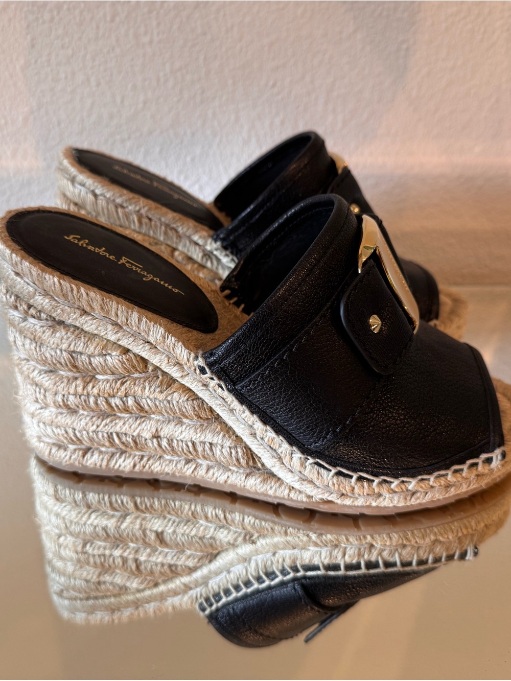 Salvatore Ferragamo Black Leather Espadrille Wedge Mules with Gold Buckle